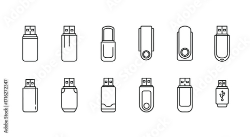 Collection of usb flash drive icons diverse shapes and styles for digital storage and data transfer solutions vector