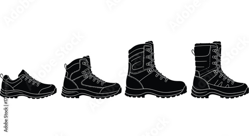 Collection of black footwear styles showing progression from shoe to boot vector