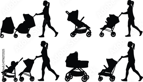Mother silhouette pushing stroller, baby carriage walking, parent child walk, family lifestyle, childcare, mother and baby, parenting concept illustration