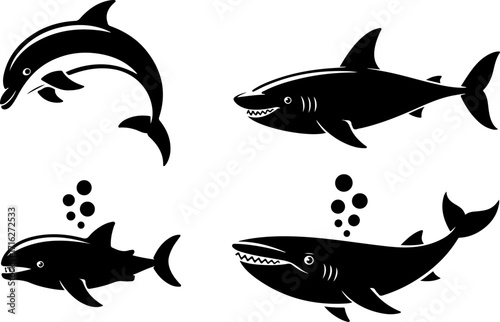 "Shark, Dolphin, and Fish Silhouette Collection"

"Ocean Life Vector Set – Marine Animal Silhouettes"

"Underwater Creatures: Shark, Dolphin & Fish Designs"
