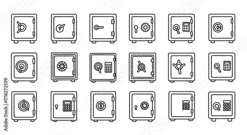 Collection of security safes icons representing protection and financial safety for digital and physical assets vector