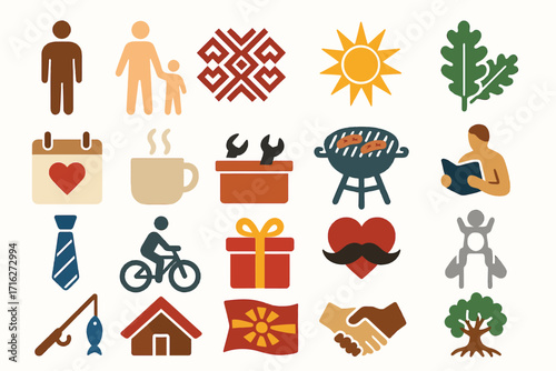 North Macedonia Father's Day Icon Set with Family and Tradition Symbols