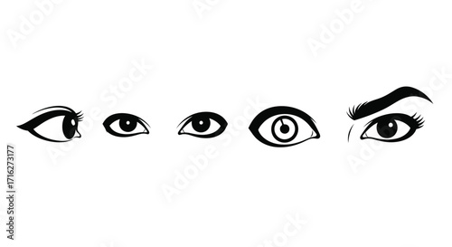 Diverse hand-drawn eyes representing different emotions and perspectives in a row vector