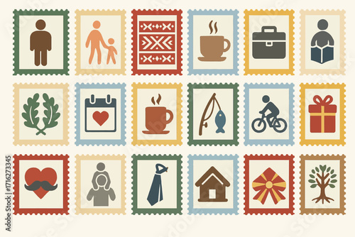 North Macedonia Father's Day Stamp Icon Set with Family and Traditions