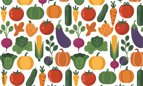 Cute Vegetable Seamless Pattern Tomatoes, Carrots, Cucumbers, Pumpkins, easily editable and scalable.