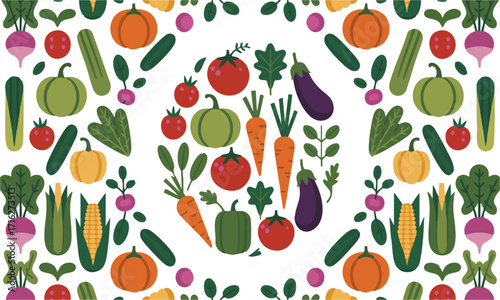 Cute Vegetable Seamless Pattern Tomatoes, Carrots, Cucumbers, Pumpkins, easily editable and scalable.