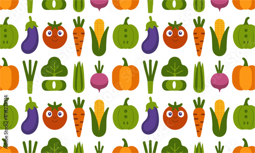 Cute Vegetable Seamless Pattern Tomatoes, Carrots, Cucumbers, Pumpkins, easily editable and scalable.