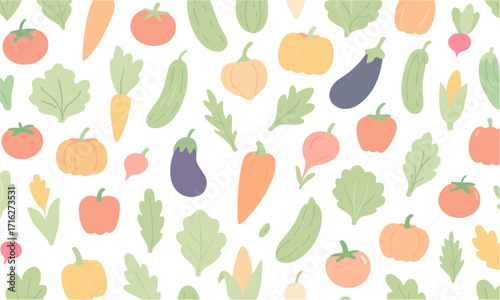 Cute Vegetable Seamless Pattern Tomatoes, Carrots, Cucumbers, Pumpkins, easily editable and scalable.