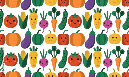 Cute Vegetable Seamless Pattern Tomatoes, Carrots, Cucumbers, Pumpkins, easily editable and scalable.