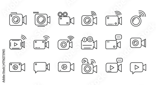 Collection of retro and modern video camera icons outline style for media and entertainment applications vector