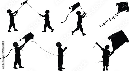 Silhouette child flying kite, outdoor activity, happy kid playing, summer fun, childhood freedom, sky play, traditional game, leisure entertainment activity