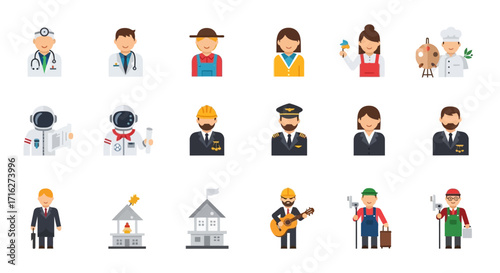 Collection of diverse profession icons, including doctors, astronauts, farmers, and more.