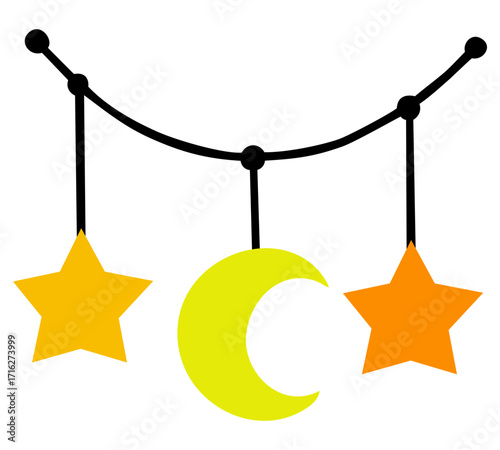 Hanging stars and crescent moon decoration. Editable color vector