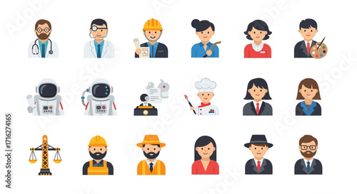 A diverse collection of colorful flat vector icons representing various professions and occupations like doctor, astronaut, artist, and engineer.