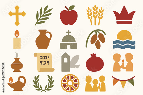 Religious Symbols Icons Cross Crown Dove Olive Apple Sacred