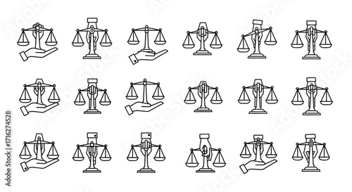 Collection of scales of justice icons representing law equity and balance vector