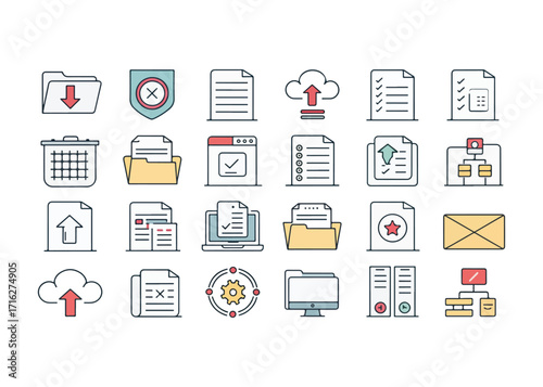 Collection of Flat Design Office and Business Icons for Data Management and Productivity featuring Folders and Documents