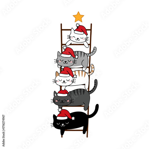Christmas Ladder of Cartoon Cats Wearing Santa Hats
