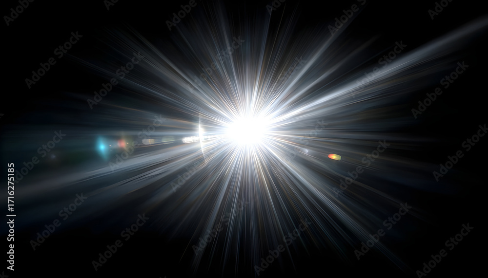 Fototapeta premium White Light Rays Lens Flare on Black Background, Radial Energy Beams, Abstract Dynamic Glow Effect Animation background