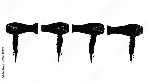 Four black silhouette hair dryers arranged horizontally professional styling tools for beauty salons vector