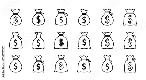 Collection of hand-drawn money bag icons with dollar sign simple sketch style vector