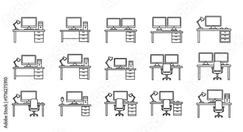 Hand drawn collection of diverse office desks with computers and chairs sketch collection vector