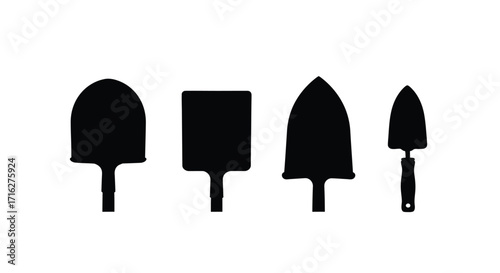 Four silhouette garden trowels and shovels displayed in a row vector