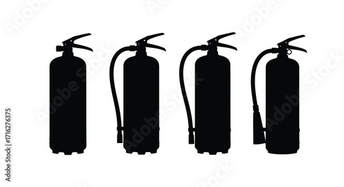 Four silhouette fire extinguishers ready for emergency safety and prevention vector