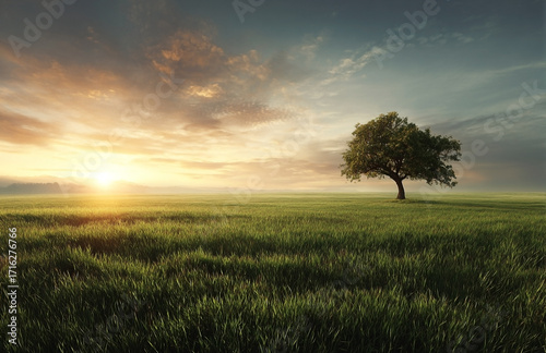 Sunrise over a tranquil field with a solitary tree