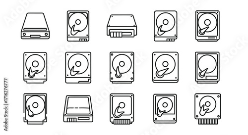 Collection of hand drawn computer hard drive and optical drive icons for digital technology concepts vector