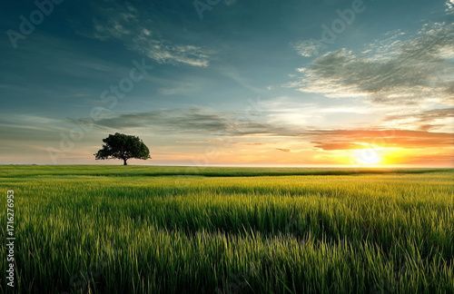 Sunrise over a rice paddy field with lone tree