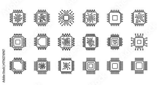 Array of computer processors and microchips stylized with radiating circuits digital art vector