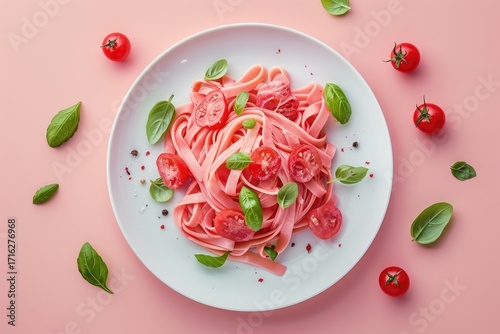 Pink pasta dish with cherry tomatoes and basil, on a pink background, viewed from above