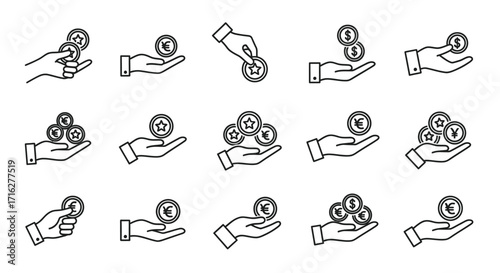 Collection of hand gestures holding coins symbolizing financial transactions and wealth building concepts vector