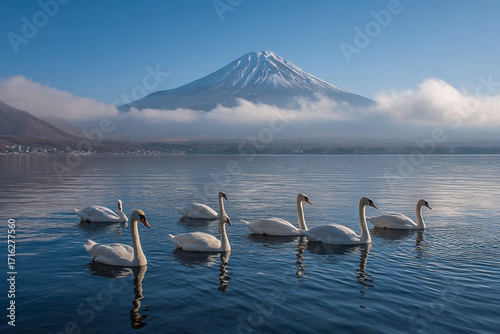 Swans glide on tranquil lake, Fujiyama in background