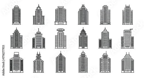 Collection of modern skyscraper silhouettes representing urban architecture and cityscapes vector