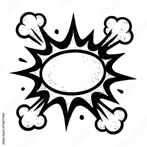 Stylized black and white comic book explosion burst graphic with an empty oval text area, perfect for retro speech bubbles, pop art designs, vintage sale announcements, and dramati