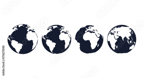Four globes representing global connectivity and earth's continents in different perspectives vector