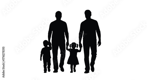 Silhouette of a happy gay couple walking hand-in-hand with their two children outdoors vector