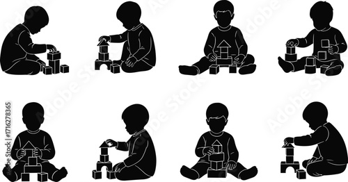 Silhouette children playing with building blocks, toddler stacking toys, educational game, learning activity, childhood development illustration