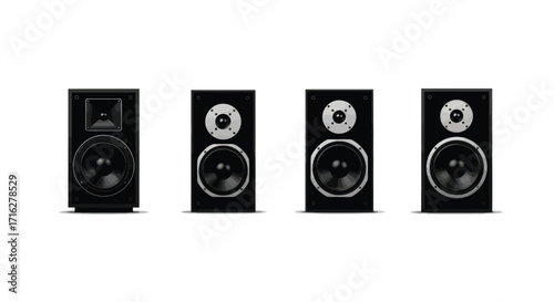 Four black modern loudspeakers arranged in a row for audio sound system equipment display vector
