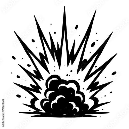Dynamic cartoon explosion vector illustration: Powerful, stylized comic book blast with smoky cloud & radiating energy spikes, ideal for action graphics, impact effects, visual dra