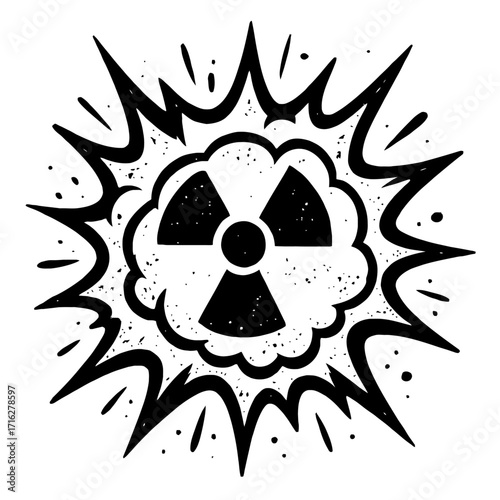 Distressed grunge style black and white illustration of a radioactive warning symbol with a dynamic exploding burst effect, depicting atomic danger, hazard, and raw energy. Perfect