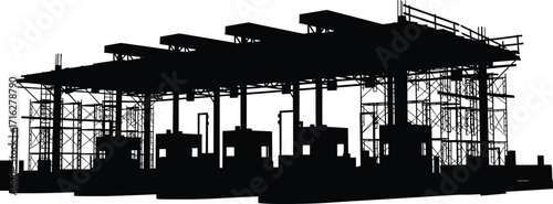 silhouette, toll, plaza, checkpoint, booth, canopy, lane, column, scaffold, structure, architecture, vector, black, icon, design, industrial, engineering, project, infrastructure, transport