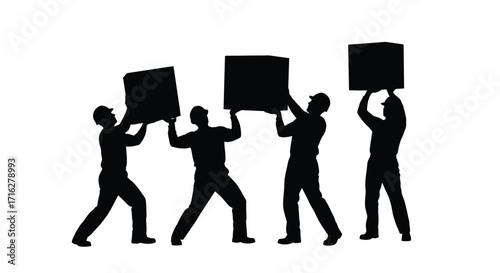 Silhouette group of people holding up blank squares symbolizing teamwork and collaboration vector