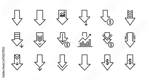 Set of downward arrows and financial icons symbolizing decline loss and decreasing trends vector