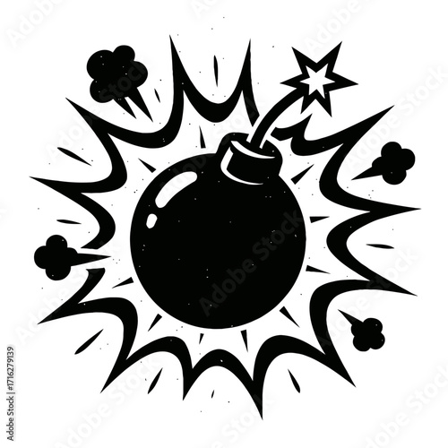 Classic Cartoon Bomb Explosion Vector Art: A Dynamic Black & White Illustration of a Lit Fuse Bomb with Starburst Effect and Smoke, Symbolizing Impact, Danger, and Comic Energy. Pe