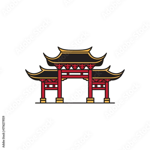 Illustration of a chinese gate isolated on white background, a traditional architectural element