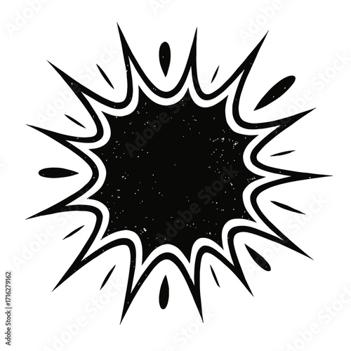 Distressed black explosion starburst graphic, jagged and textured. Perfect for comics, alerts, and impactful designs, conveying urgency, excitement, and a powerful visual statement