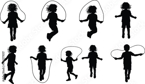 Silhouette children skipping rope, active kids jumping, outdoor play, fitness exercise, cardio workout, healthy lifestyle, childhood fun, sport activity, playful movement